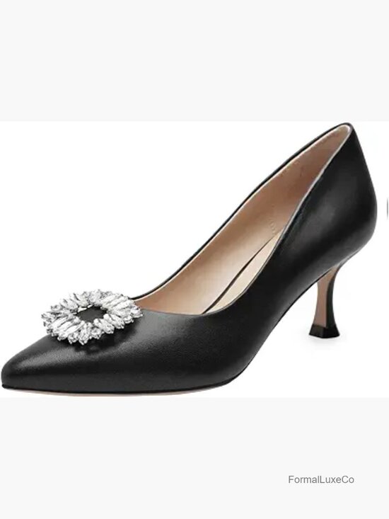 Shoes - Genuine Leather Pointy Toe Kitten Heel Pumps - Elegant Closed Toe Slip On Low